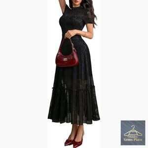 Vintage Floral Lace Midi Dress, Short Sleeve, Double Layer, Formal Cocktail